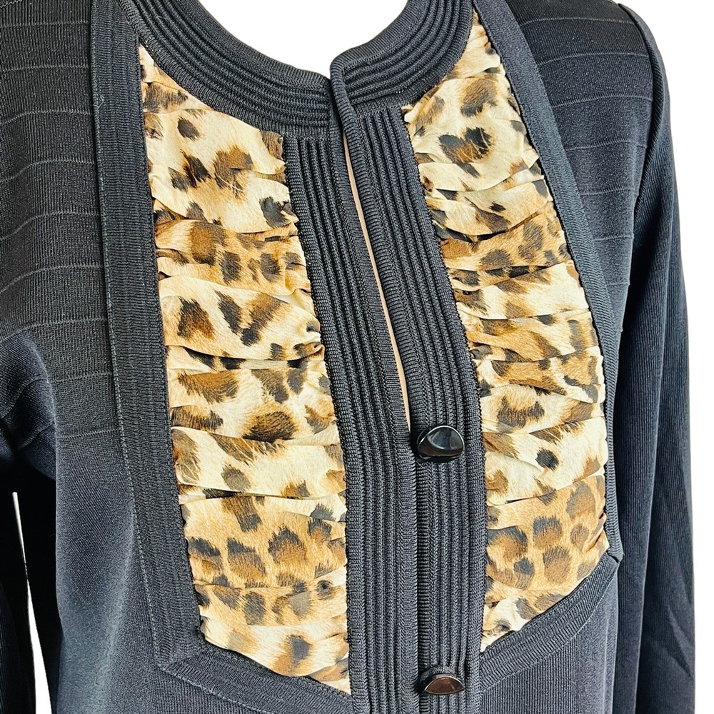 Exclusively MISOOK Black Leopard Cardigan Long Knit‎ Sweater Jacket Sz S Classic - Picture 3 of 11